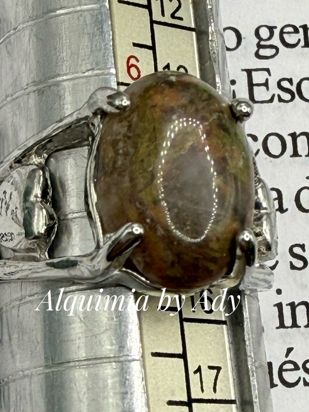 Olive Green unakite Oval Stone Ring in Silver Vine Setting
